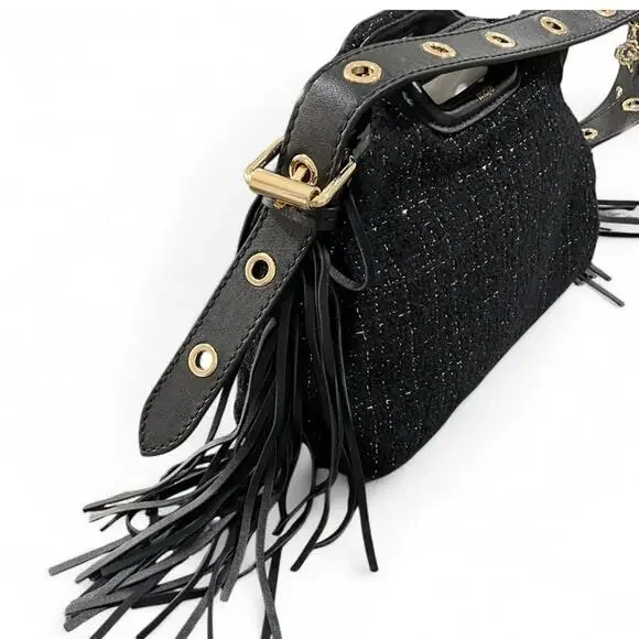 NWT MAJE Black Gold Metallic Tweed Crossbody Shoulder Bag Purse Leather Tassel - Picture 4 of 10